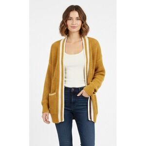 Universal Thread Open Front Striped Cardigan Womens S Yellow Knit Cotton Pockets